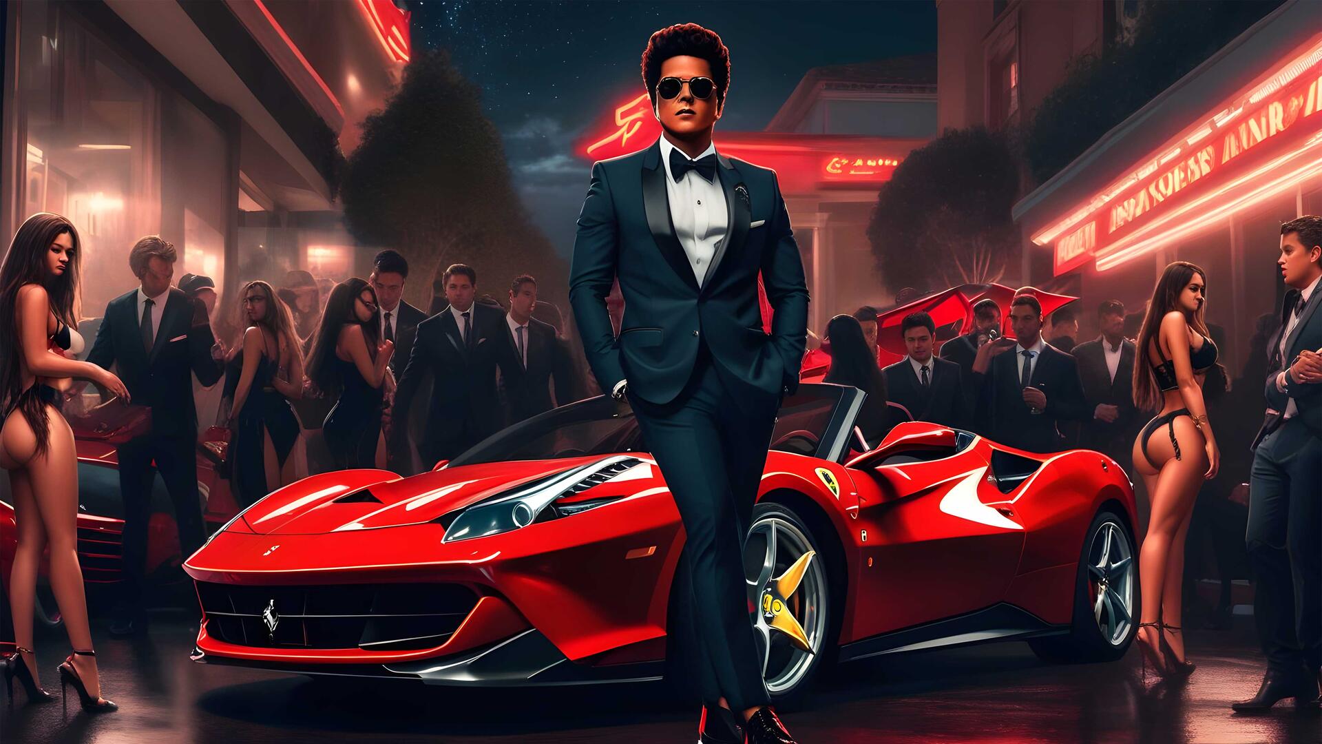 Bruno Mars with a red Ferrari