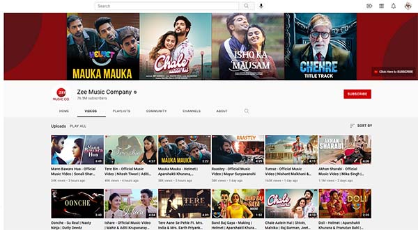Zee music YouTube page screen capture