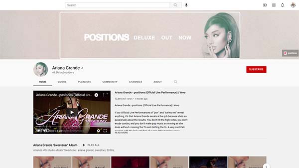 Ariana Grande YouTube page screen capture
