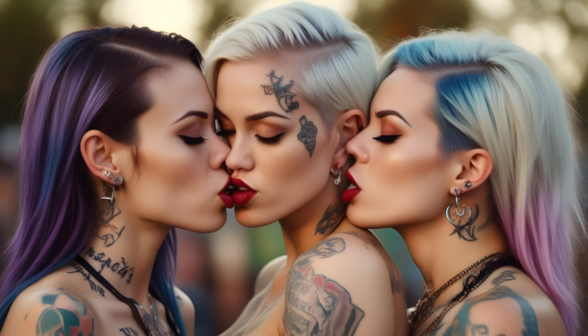 a threesome of skinny white rock chicks kissing