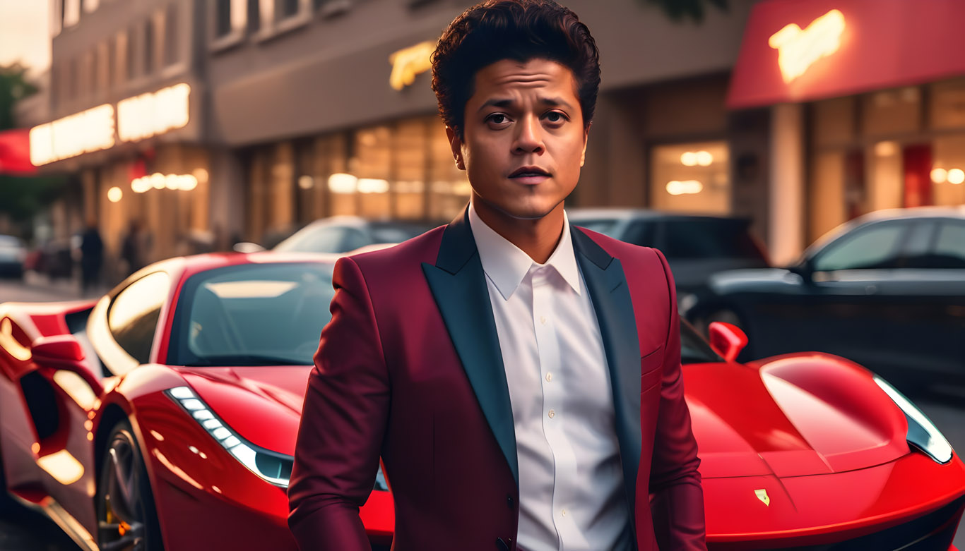 Bruno Mars in suit standing beside a red Ferrari